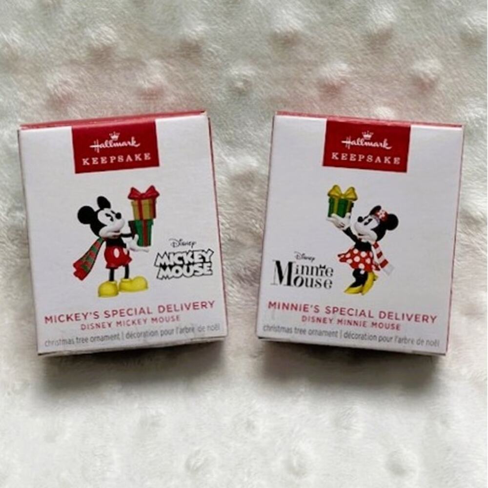 Hallmark 2024 Keepsake, Mickey & Minnie Special Delivery Mini-Ornament Pair-NIB